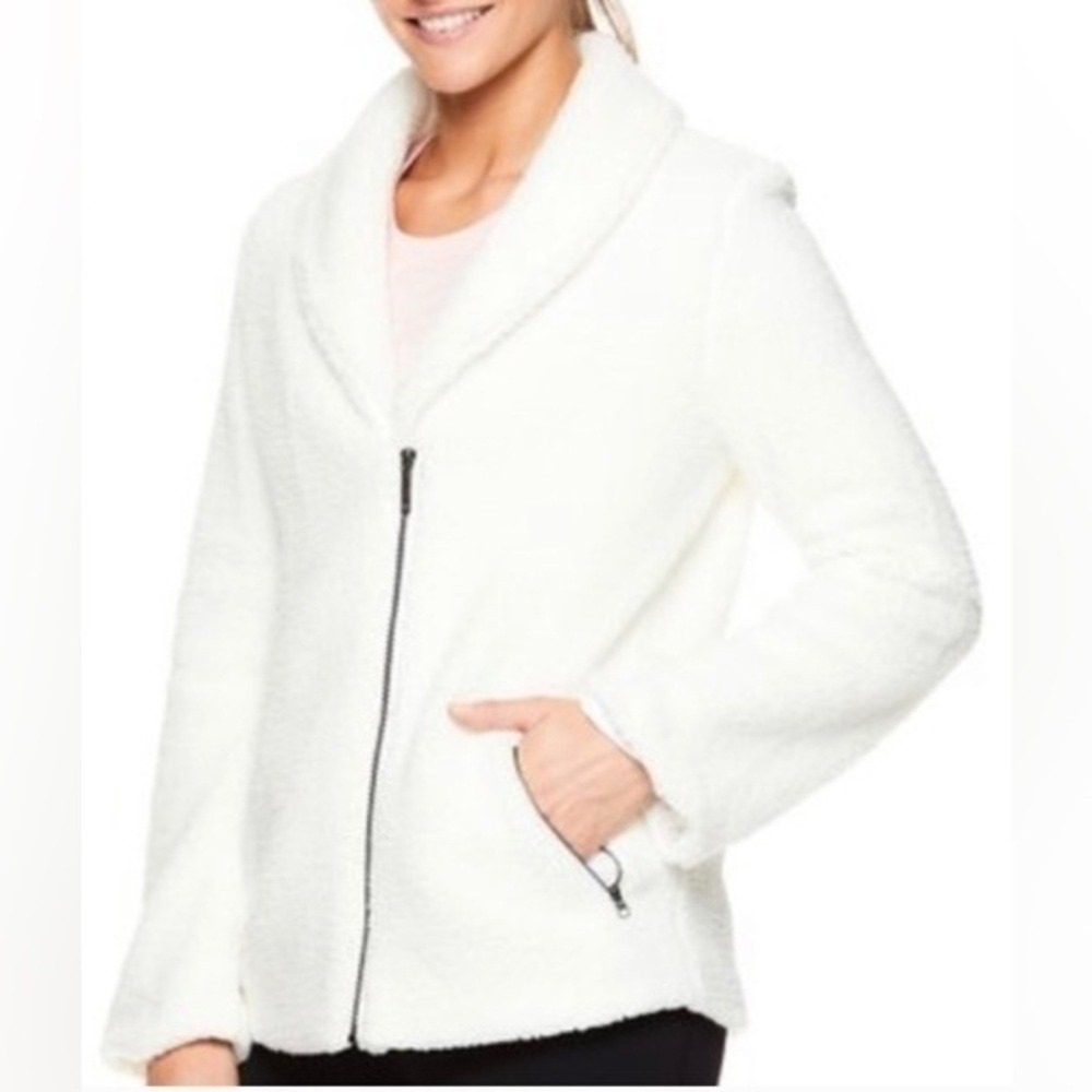 Gaiam Cozy Sherpa Fleece Jacket Shawl Collar Zip Pockets White Womens S